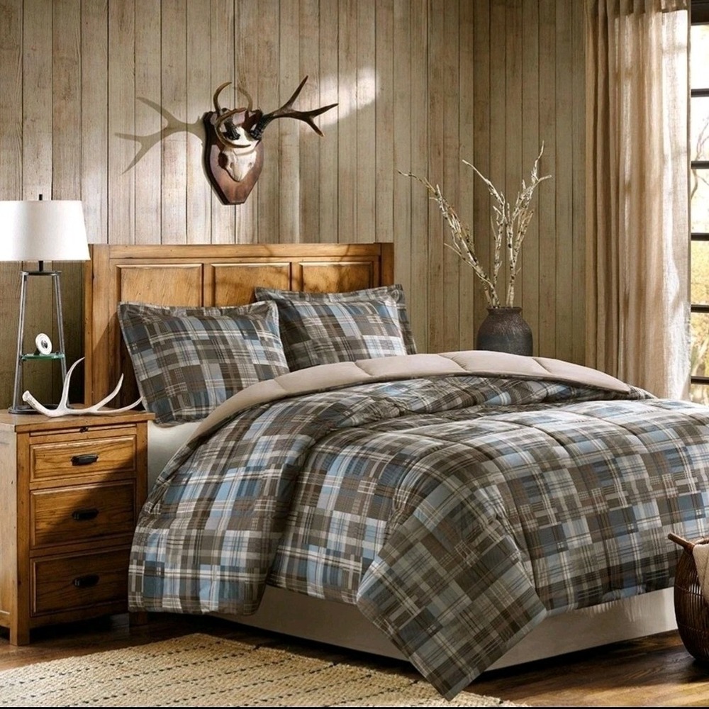 Woolrich White River King Mini Comforter Set‎  Blue Brown Plaid 3pc WR10-1056